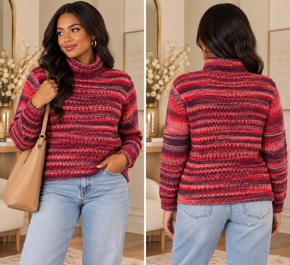 Italian Chunky Knit Turtleneck Sweater Colorful Textured Wool Blend Elsamanda M